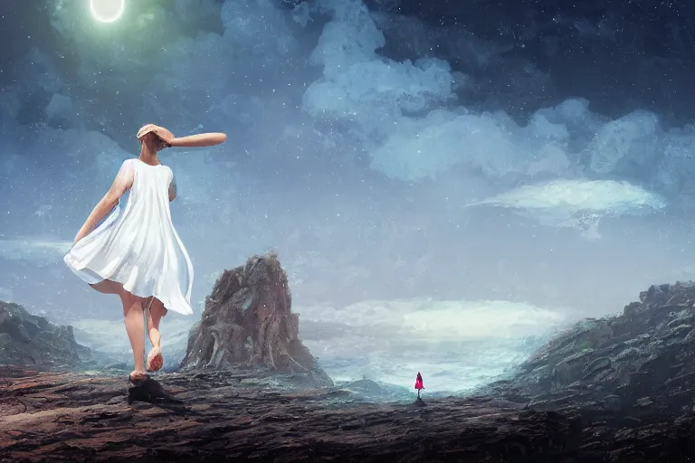 Prompt: giant white daisy flower over head, girl walking on cliff, surreal photography, solar eclipse, milky way, dramatic light, impressionist painting, clouds, digital painting, artstation, james gilleard and liam wong and jeremy mann