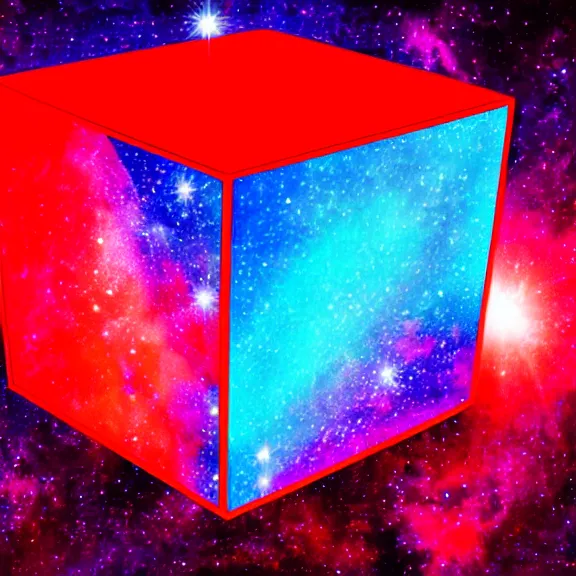 Prompt: red iridescent cube right position, deep space background