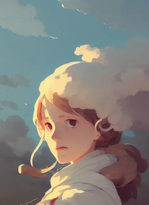 Image similar to portrait of cute maiden girl cowered, cloud sky background, by atey ghailan, by greg rutkowski, by greg tocchini, by james gilleard, by joe gb fenton, by kaethe butcher, dynamic lighting, gradient light blue, brown, blonde cream and white color in scheme, grunge aesthetic