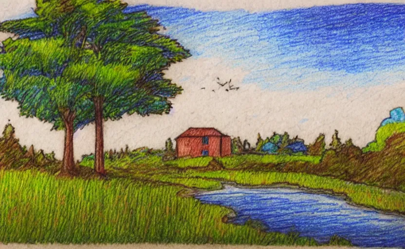 Image similar to a color pencil sketch of a serene landscape with a singular building near a river, cute, natural lighting, high quality, highly detailed, drawing, realistic, godrays, complementary colors, beautiful, concept art