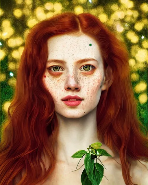 Image similar to a modern looking young woman, among the lights of golden fireflies and nature, long loose red hair, intricate details, green eyes, small nose with freckles, beatiful smiling face, golden ratio, high contrast, hyper realistic digital art by artemisia lomi gentileschi and caravaggio and artgerm.