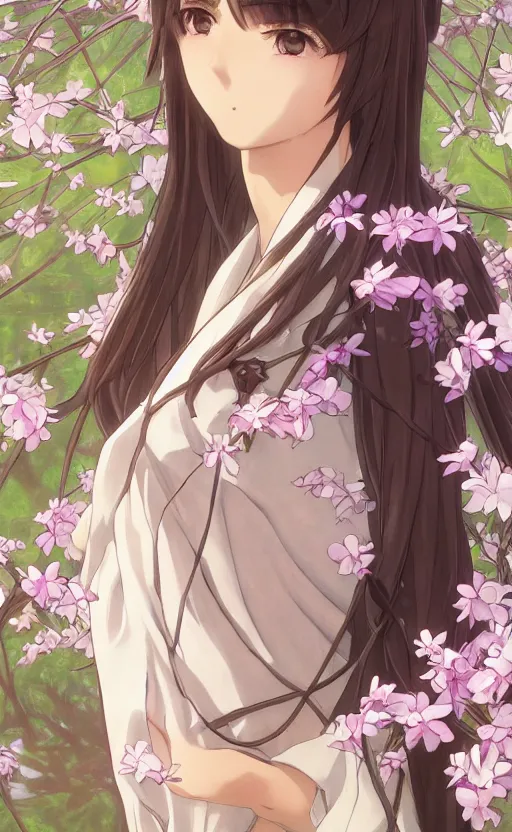 Image similar to anime style, female actress, yukata clothing, sakura tree in background, brown short hair, hair down, symmetrical facial features, from arknights, hyper realistic, rule of thirds, extreme detail, 4 k drawing, safebooru, realistic lighting, by alphonse mucha, greg rutkowski, sharp focus, backlit