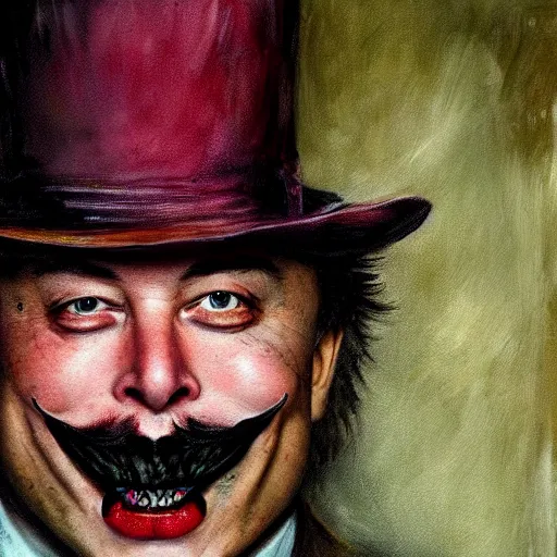 Image similar to elon musk as the grim-hatter with evil mustache grinning, cinematic, dark oil paint, realistic flavor, decaying rich colors!, photograph by tesla