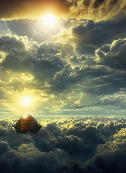 Prompt: large alien spaceship souring through clouds, detailed, high quality, ultra detail, top light, resources background, gold, sunny, puffy clouds, cinematic, concept art