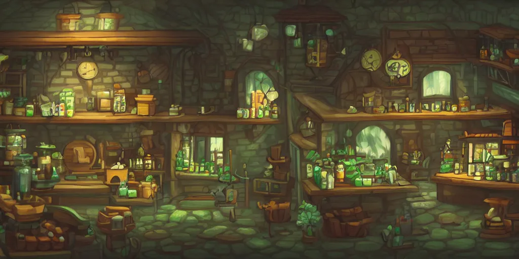 Prompt: apothecary shop, in a village, in the woods, ominous mist, high quality masterpiece acclaimed 2 d platformer, artstation