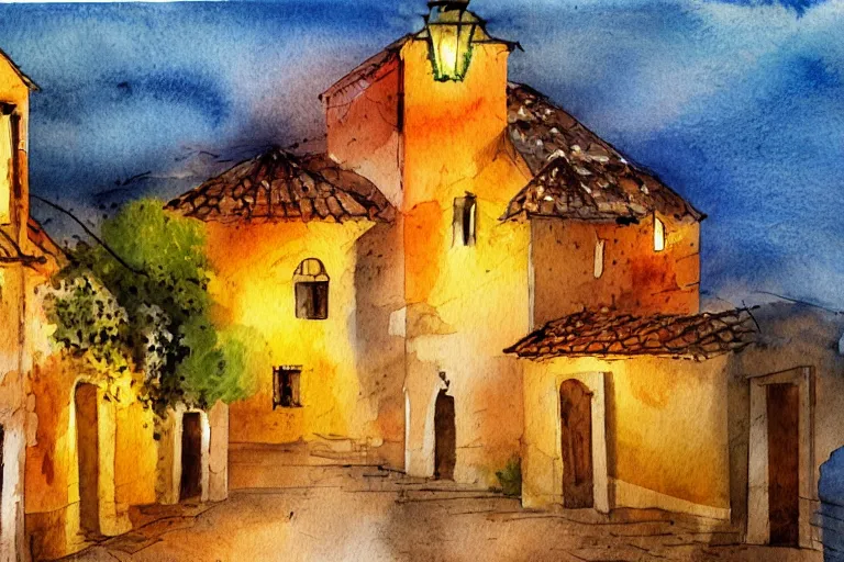 Image similar to paint brush strokes, abstract watercolor painting of rustic mediterranean village at nightfall, lantern, ambient lighting, wonderful masterpiece, cinematic light, american romanticism