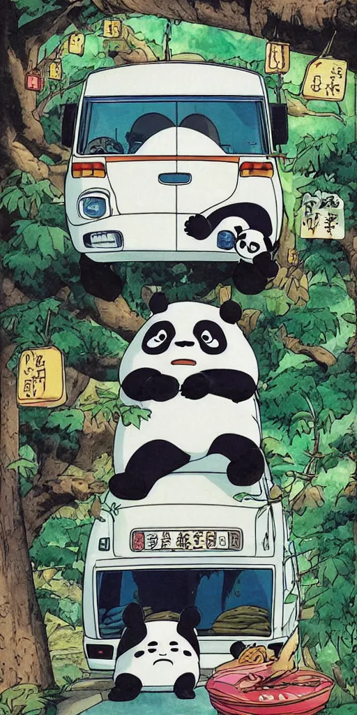 Image similar to a panda bus in like totoro, 1990s anime, full color, tarot card the chariot, highly detailed ,