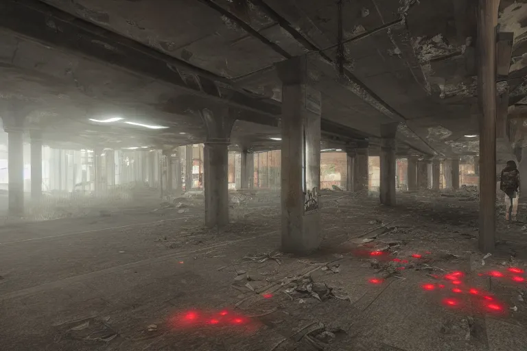 Image similar to ruined, abandoned, underground metro station, seen from inside. red flares on the ground is the only lightsource. Smoke. Dirt, leaves on ground. Unreal Engine. Substance painter. Zbrush. Trending on artstation. 8K. Highly detailed.