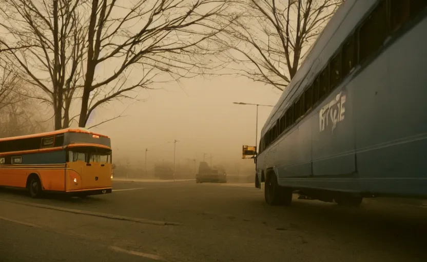 Image similar to exterior traveling greyhound bus circa 2 0 1 5, being john malcovich directed by charlie kaufman ( 2 0 0 1 ), shot with 2 4 mm lens anamorphic lenses, dp hoyte, foggy volumetric light morning, cinematic mood, 3 5 mm kodak film