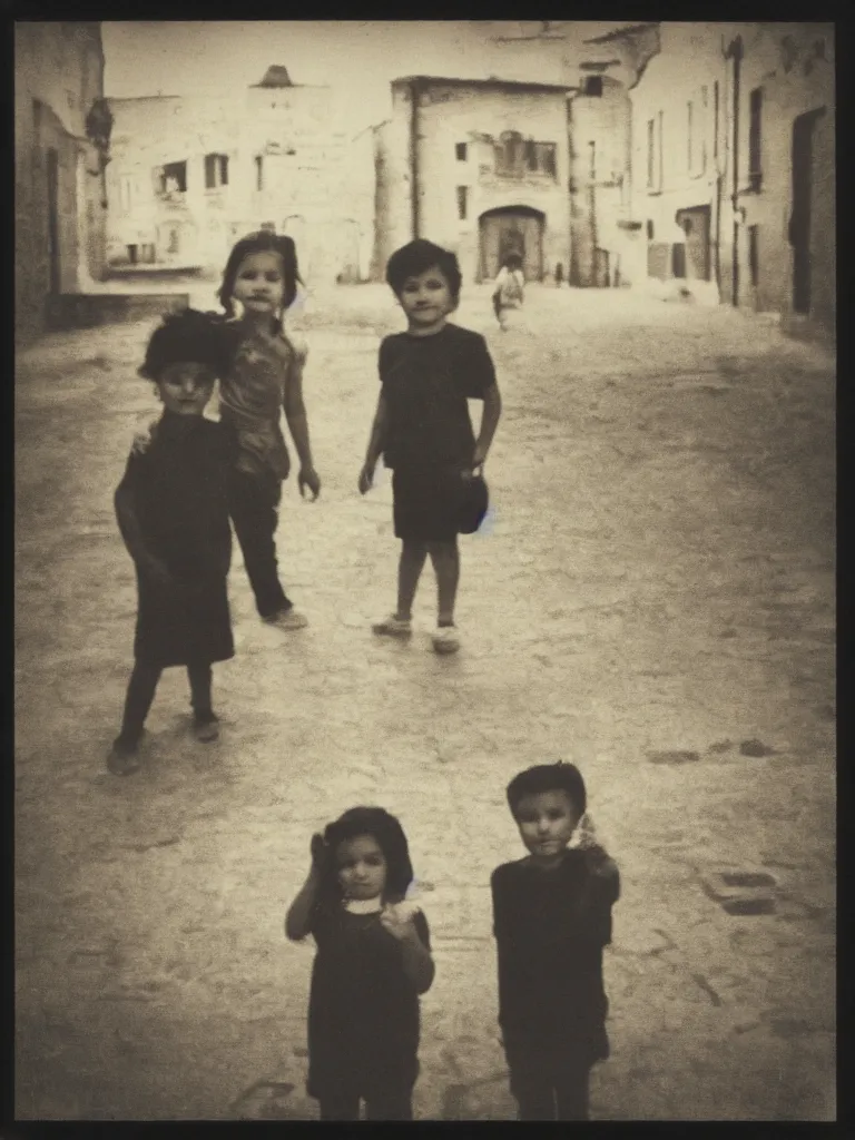 Image similar to only two kids posing for a picture, late at night, dark, backlighting, small village, empty town square, old polaroid, color