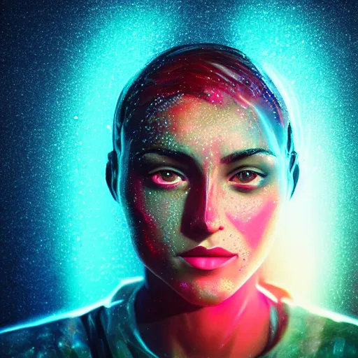 Prompt: human portrait formed out of rain, beautiful, neon, epic detail, galactic background, unreal engine