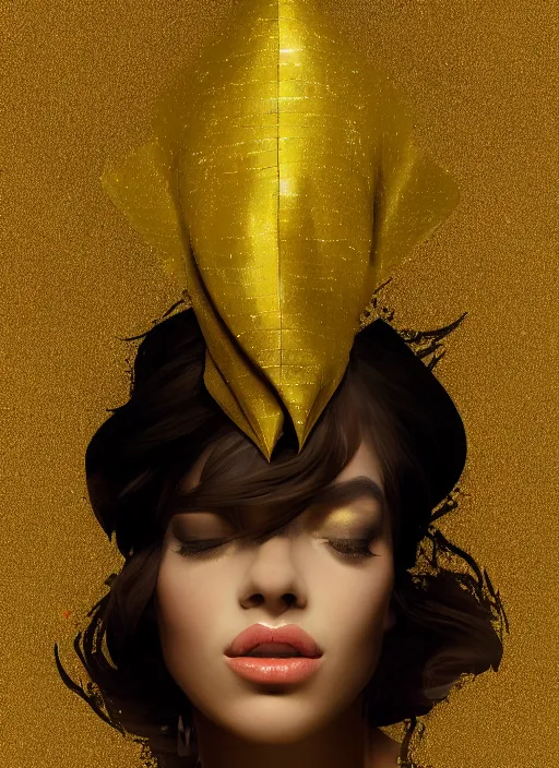 Prompt: a portrait of a beautiful girl in a gold foil hat painted by Petros Afshar and James Gilleard