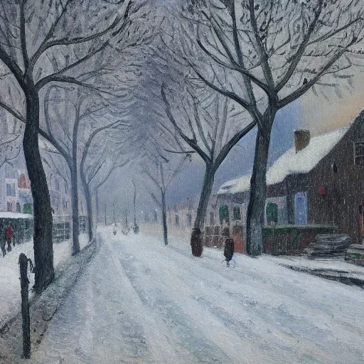 Prompt: A painting of a village during a snow storm, streets, (pedestrians), trees, Camille Pissarro, ((unreal engine)), Christmas tree