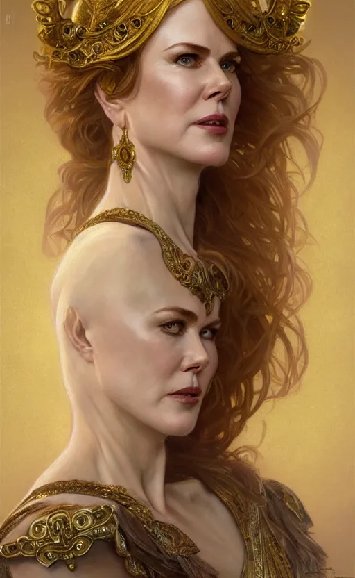 Prompt: portrait of nicole kidman as the goddess circe, greek mythology, intricate, headshot, highly detailed, digital painting, artstation, concept art, sharp focus, cinematic lighting, illustration, art by artgerm and greg rutkowski, alphonse mucha, cgsociety