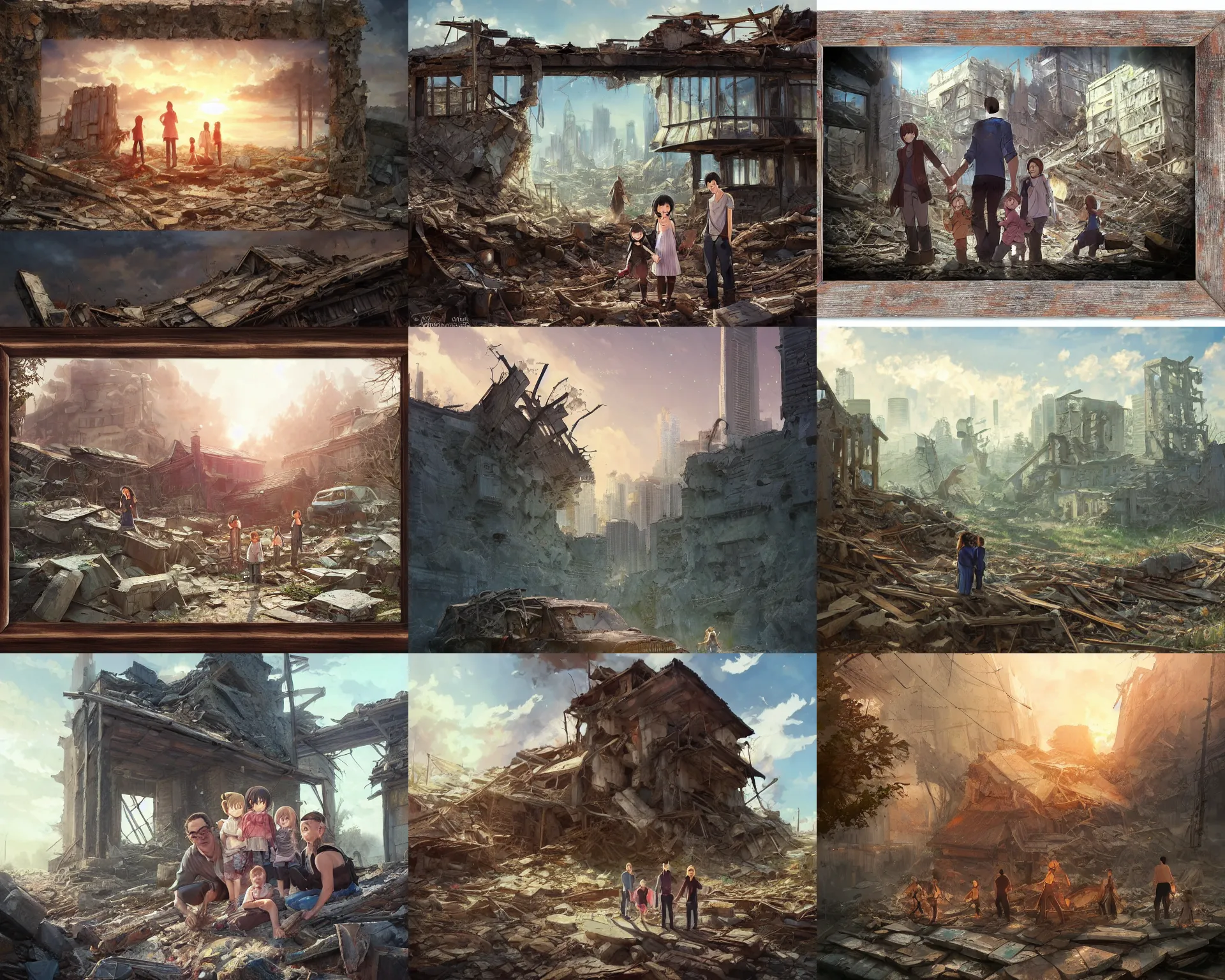 Prompt: a family photo in a wooden frame laying on rubble, ruins, post-apocalyptic, end of the world. By Makoto Shinkai, Stanley Artgerm Lau, WLOP, Rossdraws, James Jean, Andrei Riabovitchev, Marc Simonetti, krenz cushart, Sakimichan, trending on ArtStation, digital art.