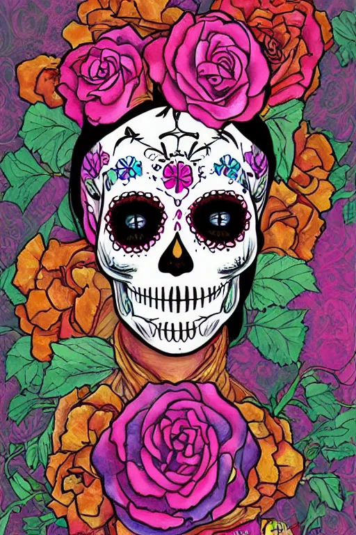 Prompt: illustration of a sugar skull day of the dead girl, art by xie boli