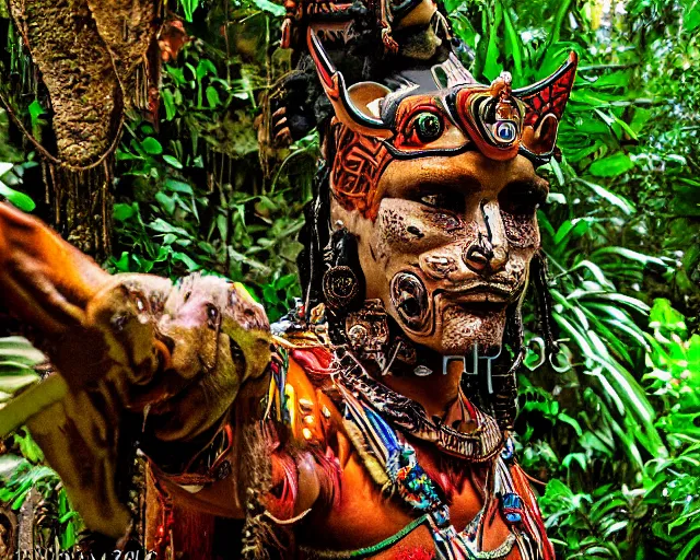 Image similar to mayan jaguar warrior exploring an alien jungle las pozas, 1 9 6 0's sci - fi, lofi technology, deep aesthetic colors, 8 k, highly ornate intricate details, extreme detail,