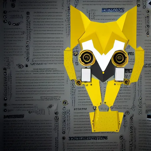 Prompt: a mechanical fox android, hydraulic joints, yellow and white construct, stylised, digital art