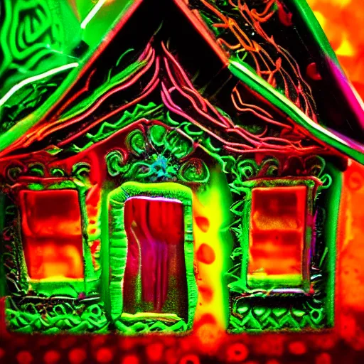 Image similar to a house made of liquid, neon, intricate details, black backround