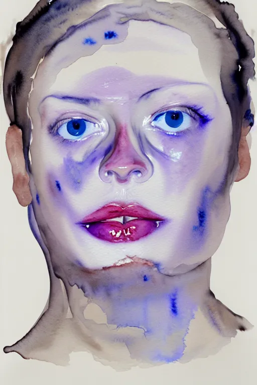 Image similar to watercolor in wet paper, a liquid white clay porcelain portrait of a face melt down flow go runny by marlene dumas, body painted with white thick fluid, detailed watercolor, grainy, contrast