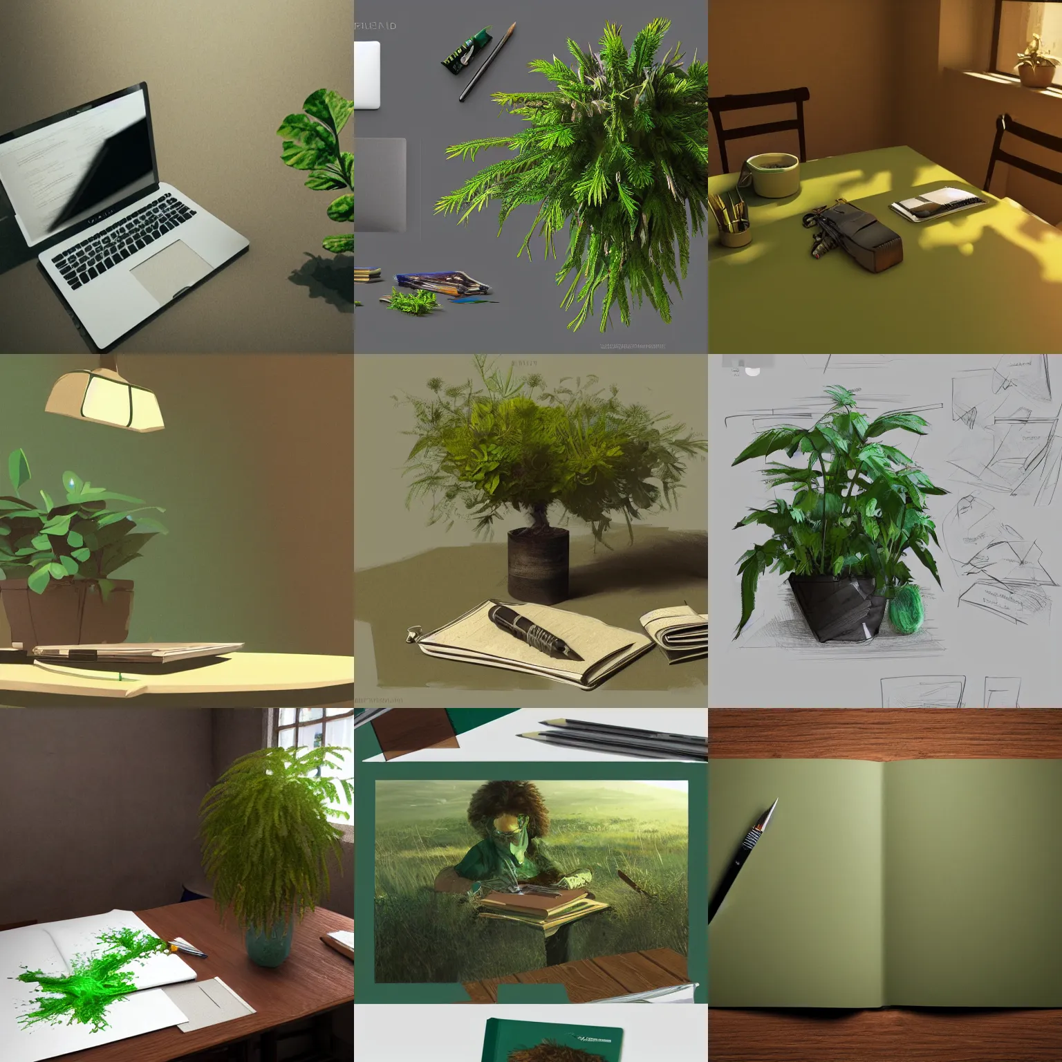 Prompt: green wild plant sitting at the table with opened laptop and many written papers, textbooks and books, concept art, artstation, 8k, realistic