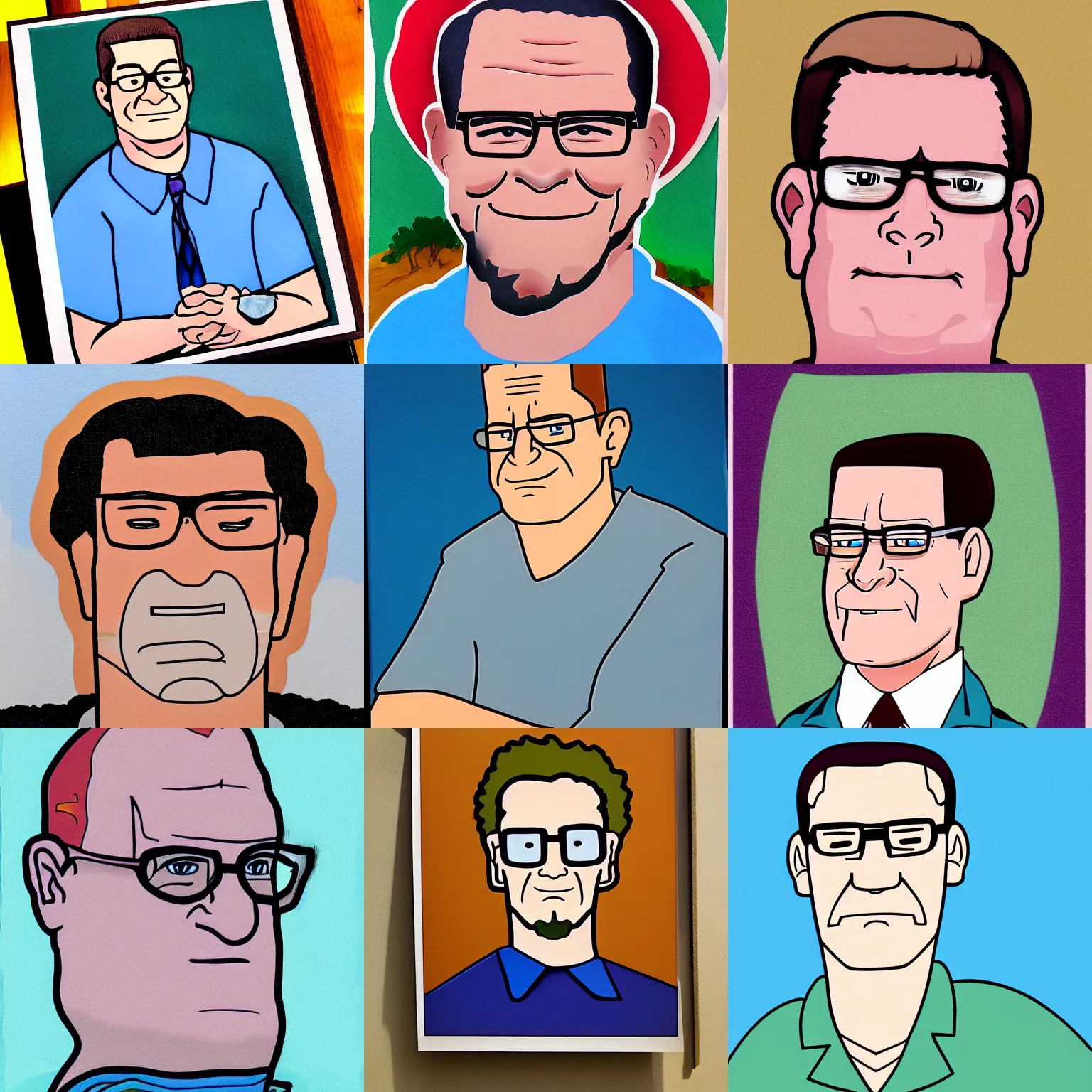 Prompt: a portrait of Hank Hill in the style of Bob Ross