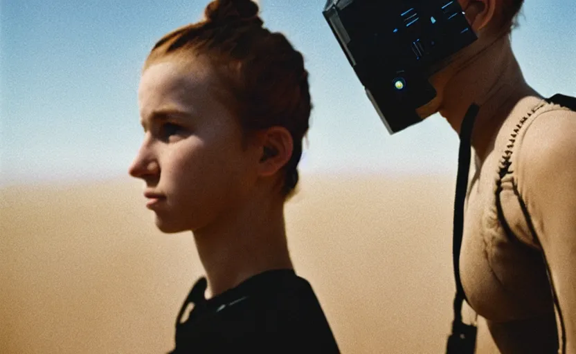 Image similar to cinestill 5 0 d photographic portrait by helen levitt of a white and mixed female android couple wearing rugged black mesh techwear on a desolate plain of america, extreme closeup, modern cyberpunk, dust storm, 8 k, hd, high resolution, 3 5 mm, f / 3 2, ultra realistic faces, intricate detail, ex machina