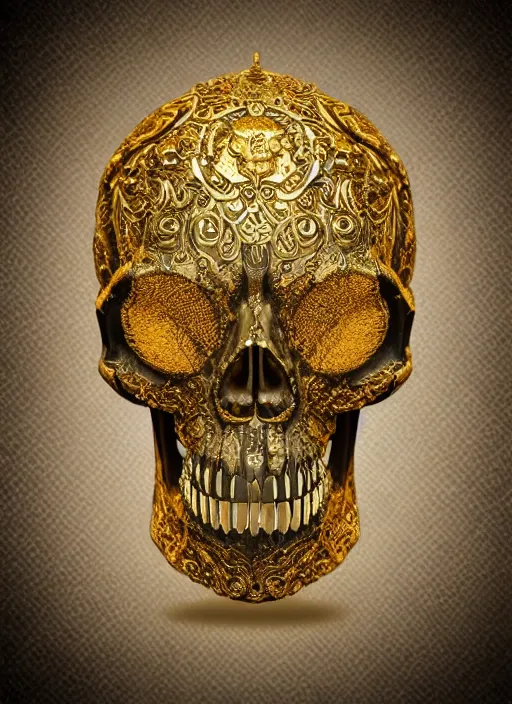 Prompt: ornate gothic gold skull realistic 3 d covered in jewels