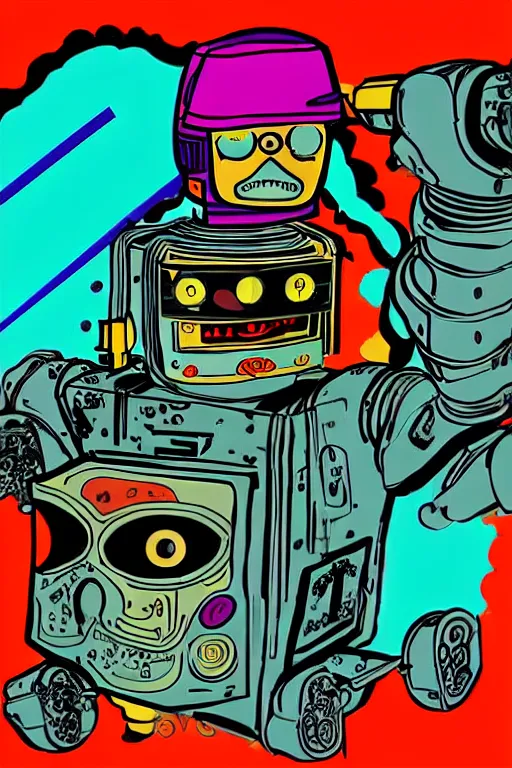 Prompt: extreme wide shot of a robot pirate, wearing an eye patch, Bionic Arms. pop surrealism, pop art. digital art. by Andy Warhol, wide shot
