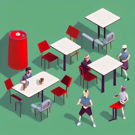 Image similar to isometric cartoon of funky recreational cannabis cafe area, coffee machine, aluminum sheen, people drinking coffee and smoking cannabis, only 2 tables chairs, 4 cannabis pots, by benoit mandelbrot, low poly cute minimal interior design concept art illustrated by anni albers, 2 d game art