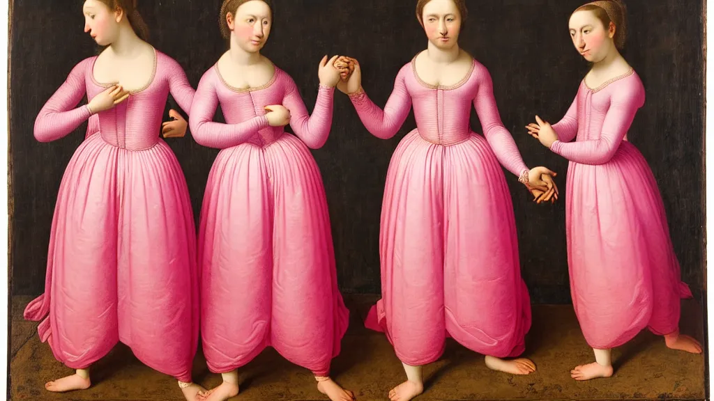 Prompt: portrait of twins wearing pink dresses, standing facing each other in front of a lightning storm, intricate details, high detail, renaissance style, super-flat, in the style of Jean Auguste Dominique Ingres, James Jean, punk, Asian art,