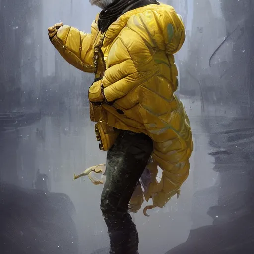 Image similar to a beautfiul award winning aesthetic commission of an antrho albino tiger wearing a yellow-black padded hooded puffer jacket,digital art,art by greg rutkowski,character design by charles bowater,ross tran,photorealistic,detailed face,hyperdetailed,western comic,2021,artstation,deviantart,unrela engine 5