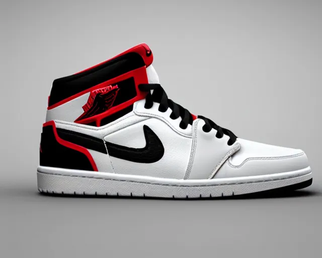 Prompt: 3D render of mid height air jordan sneakers designed by the joker, cinematic, studio lighting, award winning, highly detailed, 4k, hd, sharp