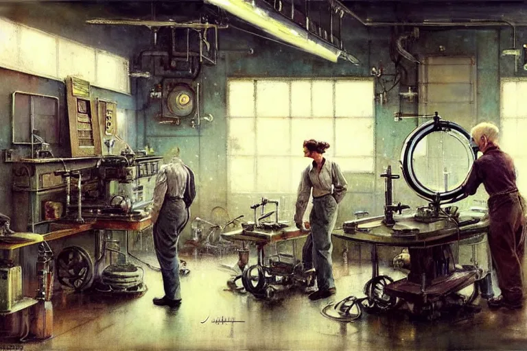 Image similar to ( ( ( ( ( 1 9 5 0 s retro science fiction mechanics shop interior scene. muted colors. ) ) ) ) ) by jean - baptiste monge!!!!!!!!!!!!!!!!!!!!!!!!!!!!!!