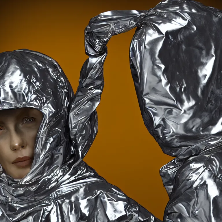 Image similar to octane render portrait by wayne barlow and carlo crivelli and glenn fabry, subject is a woman covered in folded aluminum foil space suit with a colorful metallic space helmet, floating inside a futuristic black and gold space station, cinema 4 d, ray traced lighting, very short depth of field, bokeh