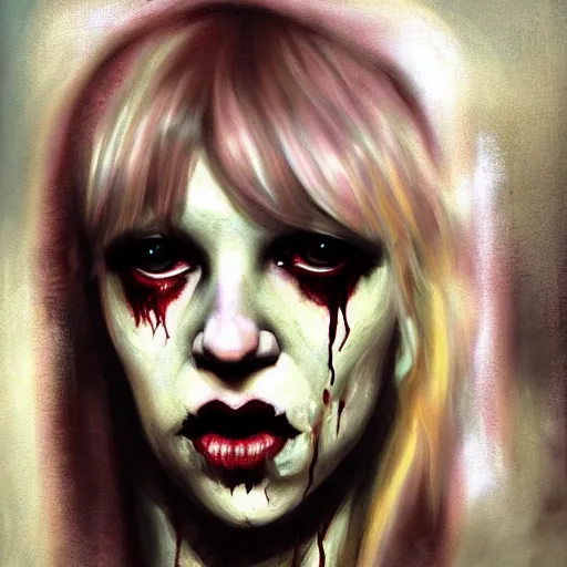 Image similar to color portrait of young courtney love as a zombie, 7 days to die zombie, gritty background, fine art, award winning, intricate, elegant, sharp focus, cinematic lighting, digital painting, 8 k concept art, art by michael hussar, art by brom, art by guweiz and z. w. gu, 8 k