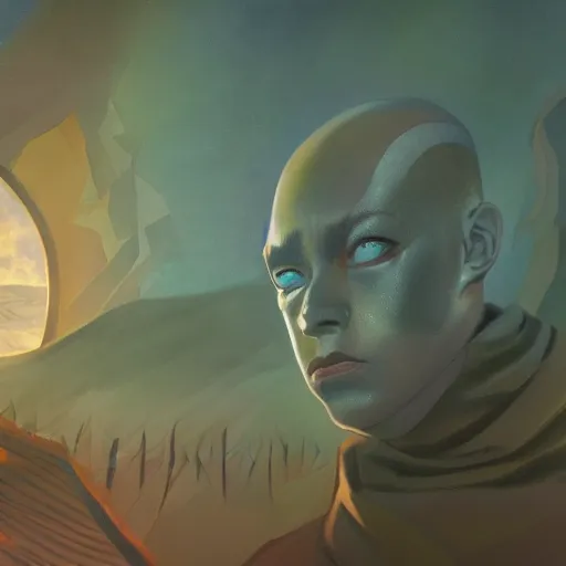 Prompt: eyeless watcher, dutiful return, golden age seraph bunkers, art by Aaron Douglas and Murakami, high detail, cinematic, cgsociety 8k