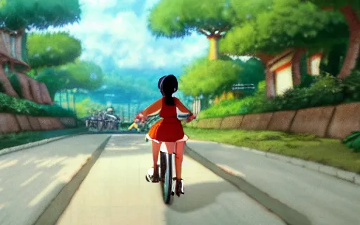 Prompt: a young filipino girl riding a bike with a basket, art by hayao miyazaki, studio ghibli film, hi res, 4k