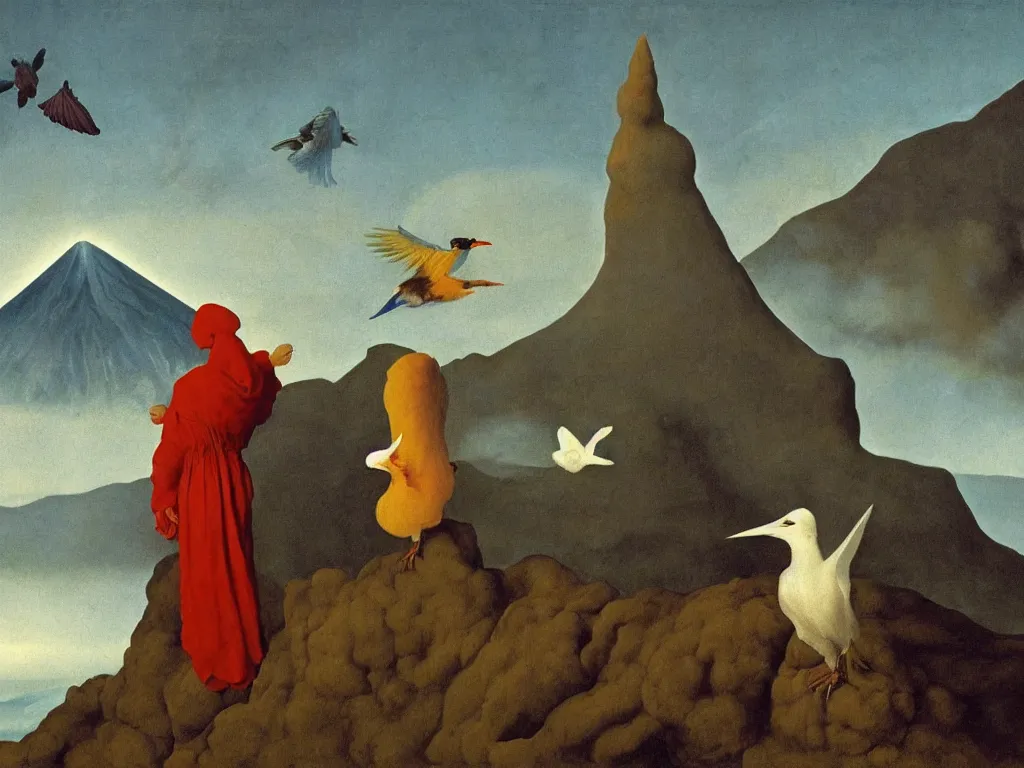 Image similar to albino mystic, with his back turned, with wild exotic Colibri looking at a erupting volcano in the distance. Painting by Jan van Eyck, Audubon, Rene Magritte, Agnes Pelton, Max Ernst, Walton Ford