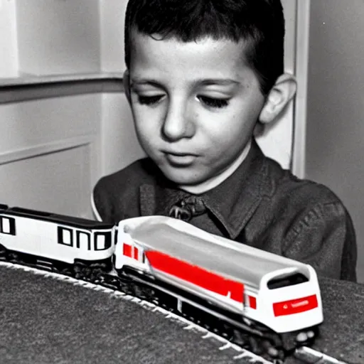 Image similar to alfredo perez rubalcaba playing with train toys