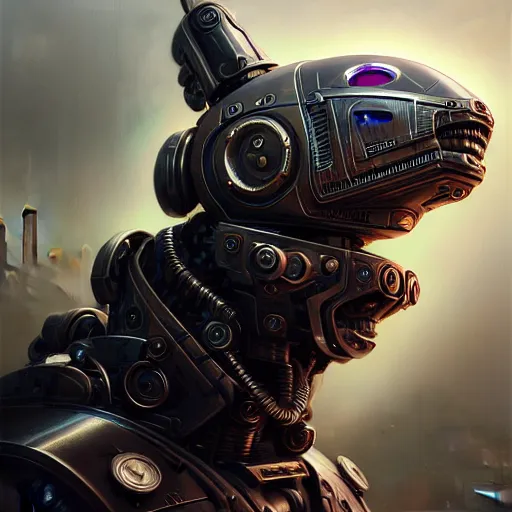 Image similar to low angle portrait shot of a cyberpunk robot dog, intricate, elegant, highly detailed, centered, digital painting, artstation, concept art, smooth, sharp focus, illustration, artgerm, Tomasz Alen Kopera, Peter Mohrbacher, donato giancola, Joseph Christian Leyendecker, WLOP, Boris Vallejo