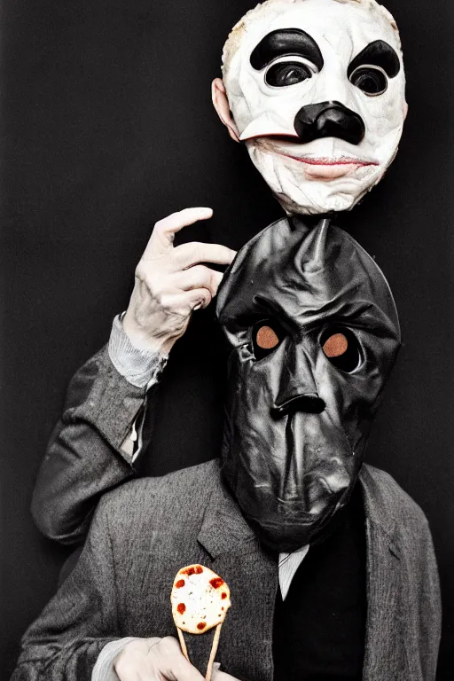 Prompt: portrait photo of an old wrinkled man, skinny face, bony face, long crooked nose, large gaping mouth, black pulcinella mask, masquerade mask, pointy conical hat, white wrinkled shirt, holding up a pizza, presenting a large pizza, close - up, skin blemishes, menacing, intimidating, masterpiece by peter lindbergh