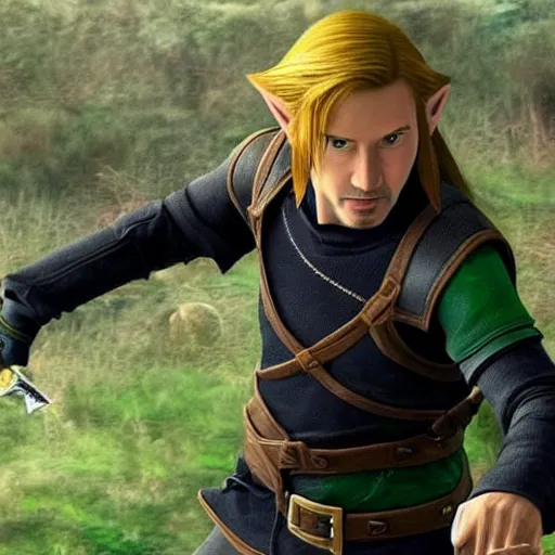 Image similar to Keanu reeves in hyrule as link fighting Donald Trump as Gannon realistic detailed image high resolution photo