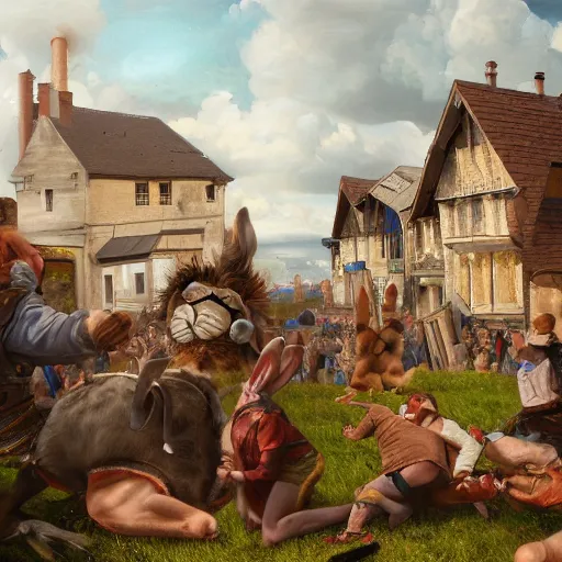 Prompt: a highly detailed oil painting of a giant rabbit smashing houses, renaissance, bystanders watching from the sides, 4 k, by ariduka 5 5, monokubo, artstation,