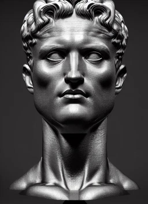 Prompt: stylized shiny metal and black ornate statue bust made of marble of hercules, perfect symmetrical body, perfect symmetrical face, hyper realistic, hyper detailed, by johannen voss, by michelangelo, octane render, blender, 8 k, displayed in pure white studio room
