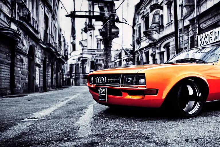 Image similar to audi camaro b 1 ( 1 9 6 9 ) drifting, need for speed : carbon, at night, neon lines, lviv historic centre, ultra phonk, phonk music background, smoke behind wheels, noise, dark, establishing shot