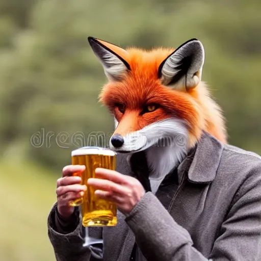 Image similar to a polygamous fox with a hat drinking beer and smoking e - cigarette, stock photo