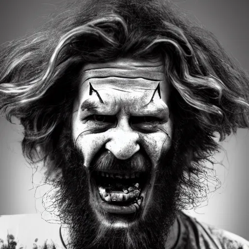 Prompt: film still photo portrait of a crazed homeless beaten up ronald mcdonald with heavy wrinkles and a beard, realistic, hyperrealistic, 8 k resolution, hd quality, very detailed, highly detailed, intricate details, real life, real world, trending on artstation, digital art, really realistic, very realistic, headshot, head in frame, photograph, portrait
