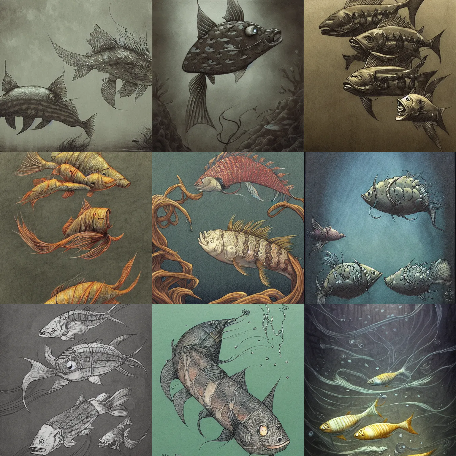 Prompt: fantastic mythical fish swimming around by shaun tan, style john kenn mortensen yoshitaka amano