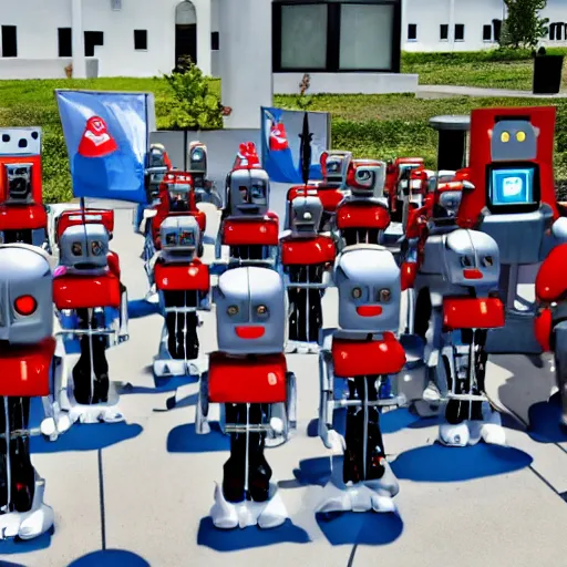 Image similar to robot parade, robots obey what the children say, wave the flag that the robot made